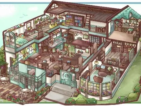 2.5D 剖面插画,一栋多层小楼的内部。