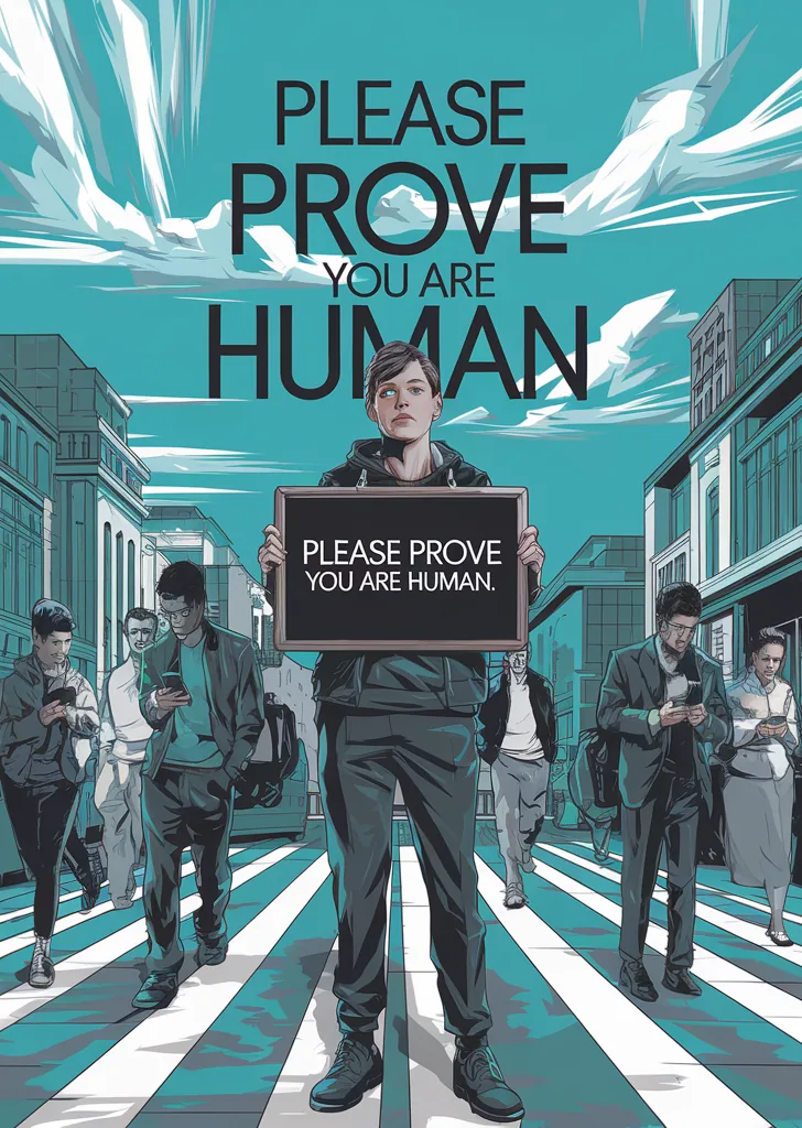 游戏海报：街上的人都低头看手机，中间一个人举着牌子，上面写着 Please prove you are human。